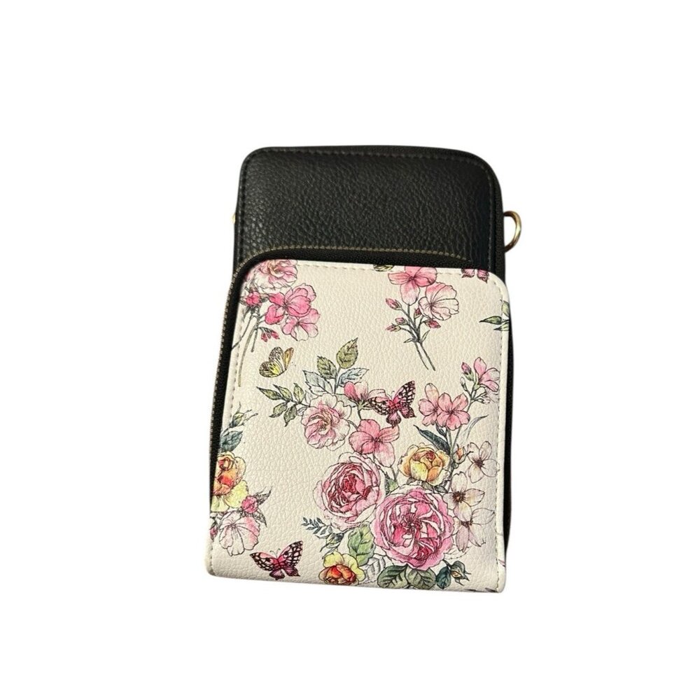 Alba Crossbody Floral Purse 8" Bag Black White NWOT‎ Travel Strap Zipper
